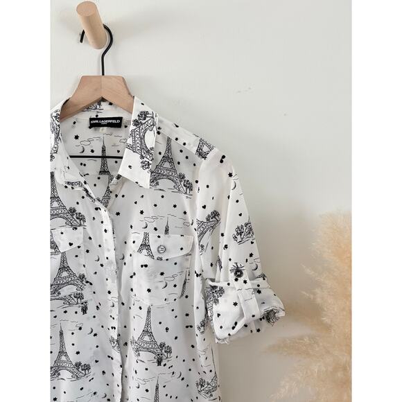 Karl Lagerfeld Paris Eiffel Tower Button Up Top Small White Crepe Roll Tab - Picture 5 of 10